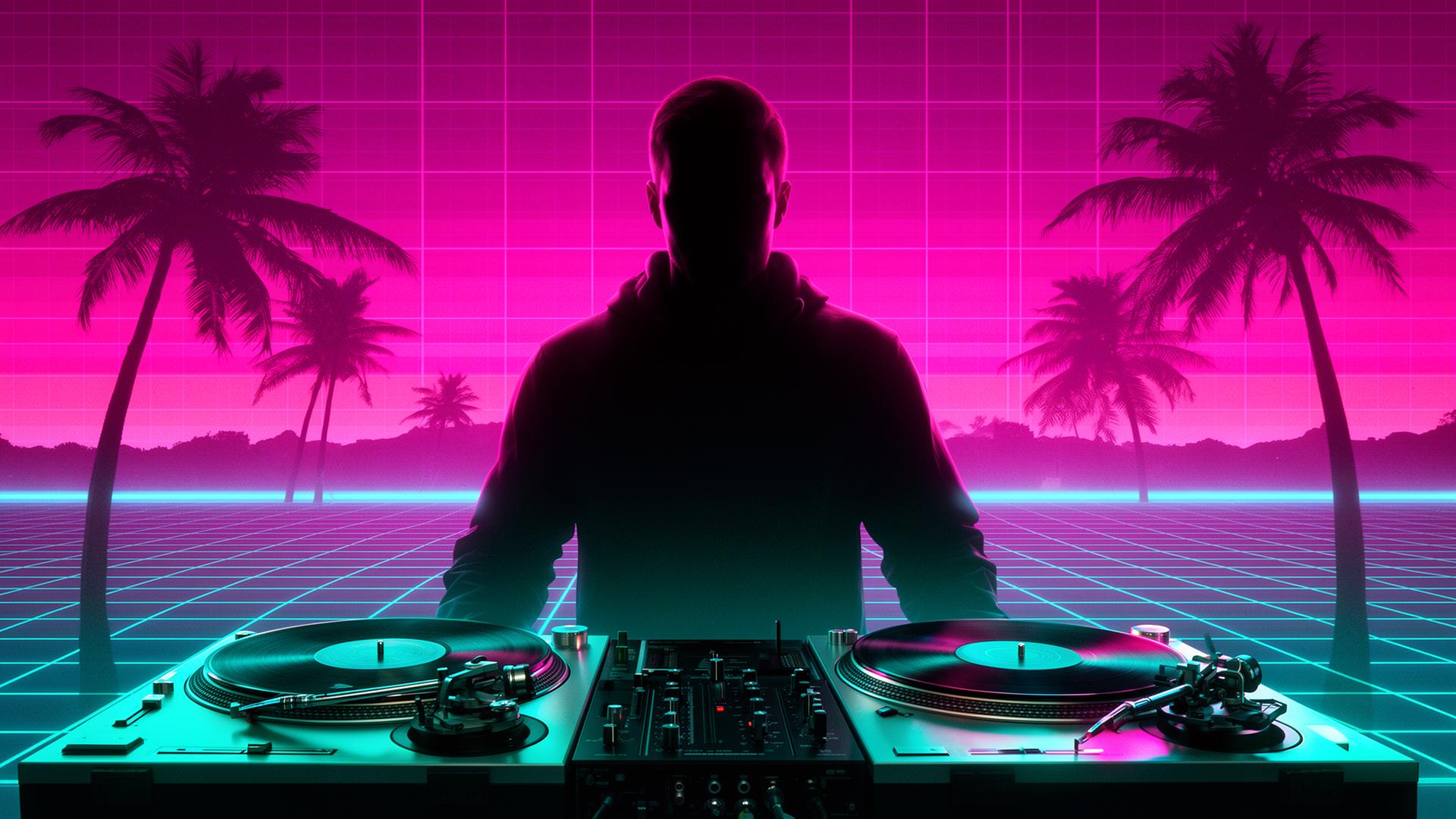 DJ Burnstone behind turntables under a synthwave sky